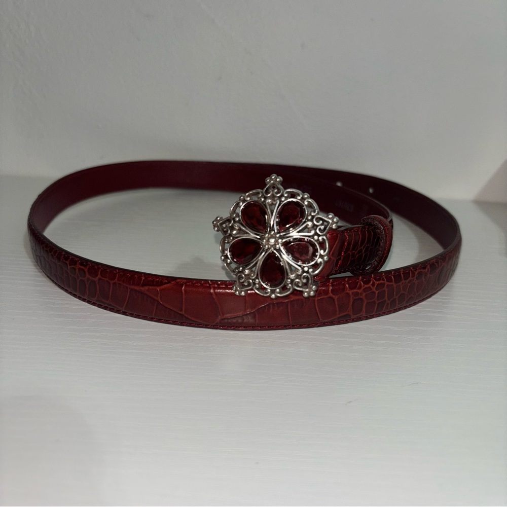 Brighton Women's Deep Red Croc-Embossed Belt with Ornate Silver Floral Buckle